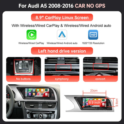 Multimediascherm Auto – Touchscreen Navigatie Display – Draadloos CarPlay Android Auto – 8,9" / 12,3" Scherm – Hoge Resolutie 1920x720 – Geschikt Voor Audi A5 S5 2008-2016