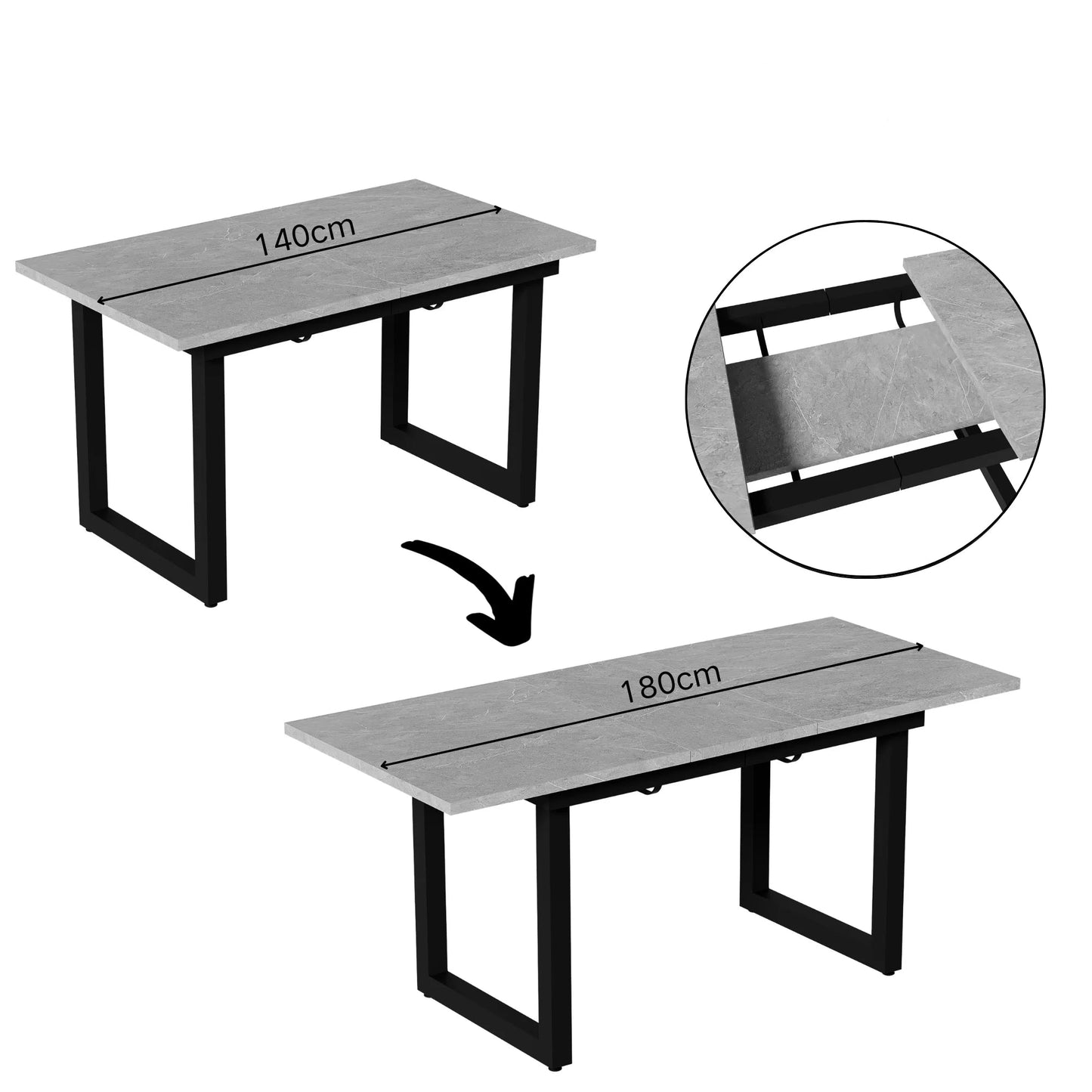 Industriële Eettafel – Uittrekbare Tafel – Verstelbare Tafelpoten – Betonlook Tafel – MDF Blad – 140-180 Cm Lang – Metalen Frame - QUORE