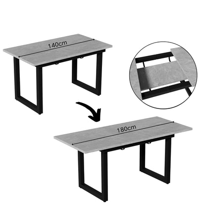 Industriële Eettafel – Uittrekbare Tafel – Verstelbare Tafelpoten – Betonlook Tafel – MDF Blad – 140-180 Cm Lang – Metalen Frame - QUORE