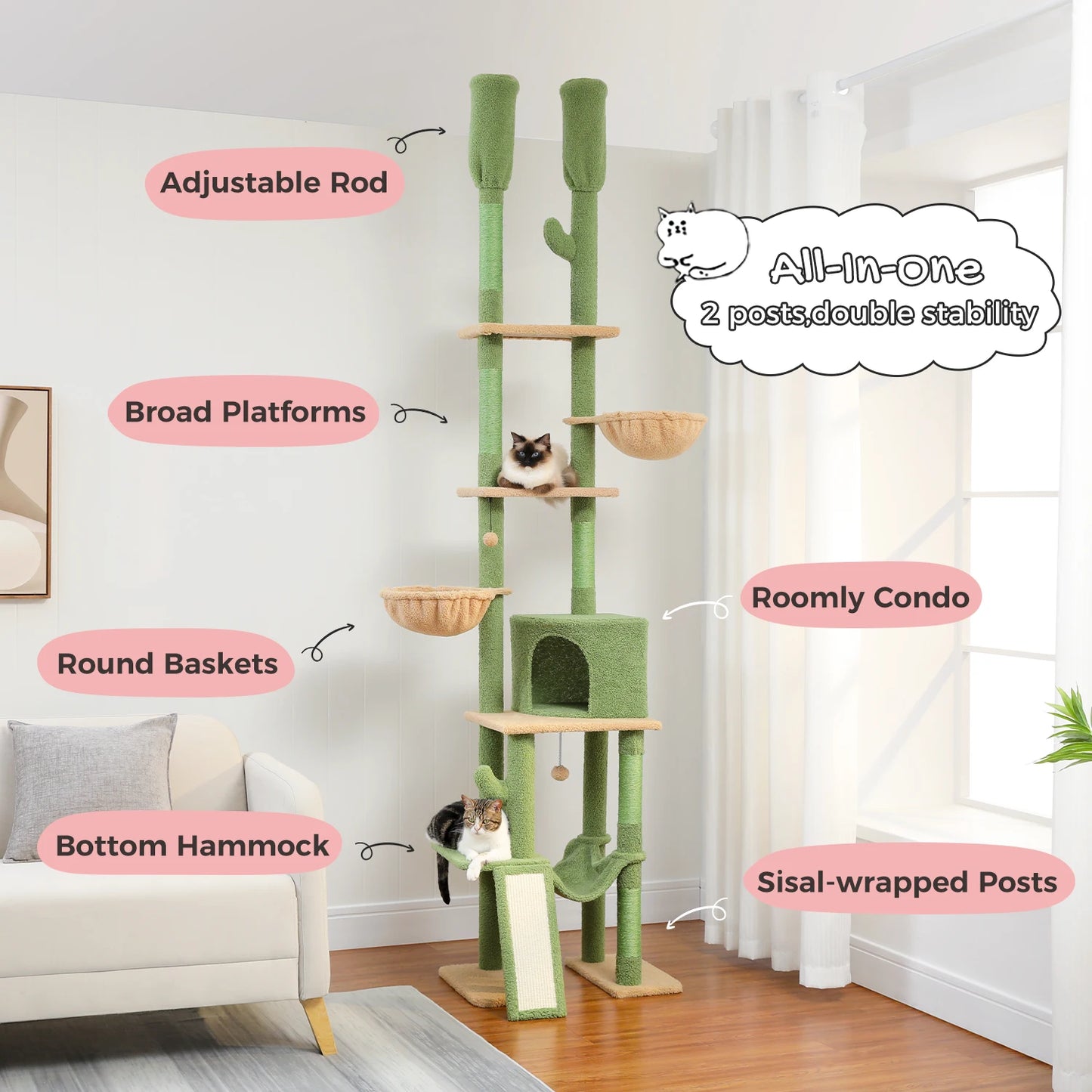 Kattenboom – Krabpaal - Katten Klimmuur - Kattenmeubel - met Hangmatten en Huisjes - Verstelbare Hoogte - 216-285cm - Sisal Krabpalen - Groen