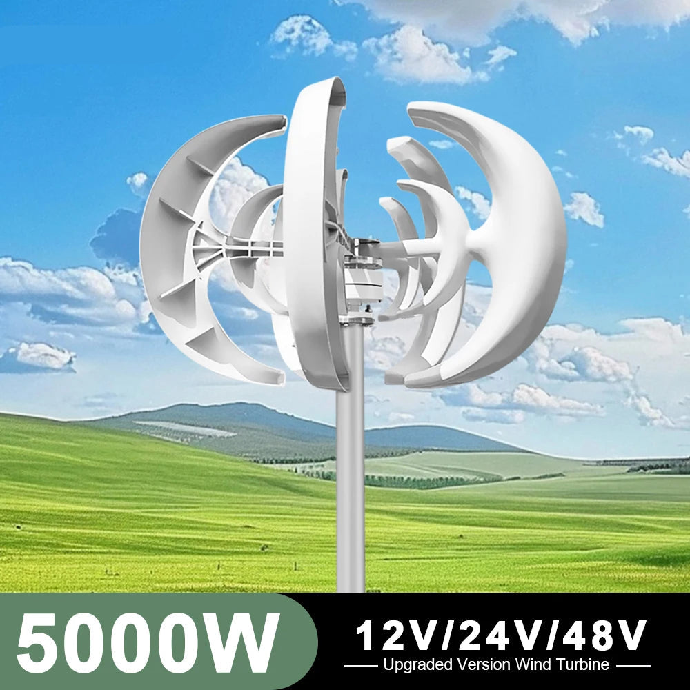 Verticale Windturbine – Windgenerator – Duurzame Energie – Stille Turbine – 5000W Vermogen – Glasvezelbladen – 24V - met Omvormersysteem