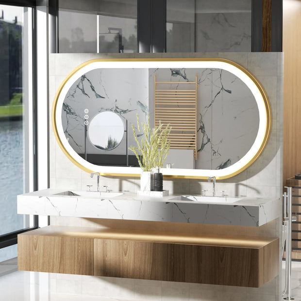 Bathroom Mirror - Bathroom Mirror with Light - Gold Frame - Stepless Dimmable Lighting - Anti-Frost &amp; Memory Function - Wall Mounted - 50x80cm/20x32inch - Gold