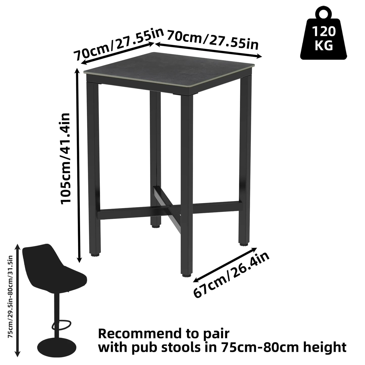 Upscale Tall Bar Table Square Marble Top Kitchen Restaurant Counter Pub Club Cocktail Table 3 Colors