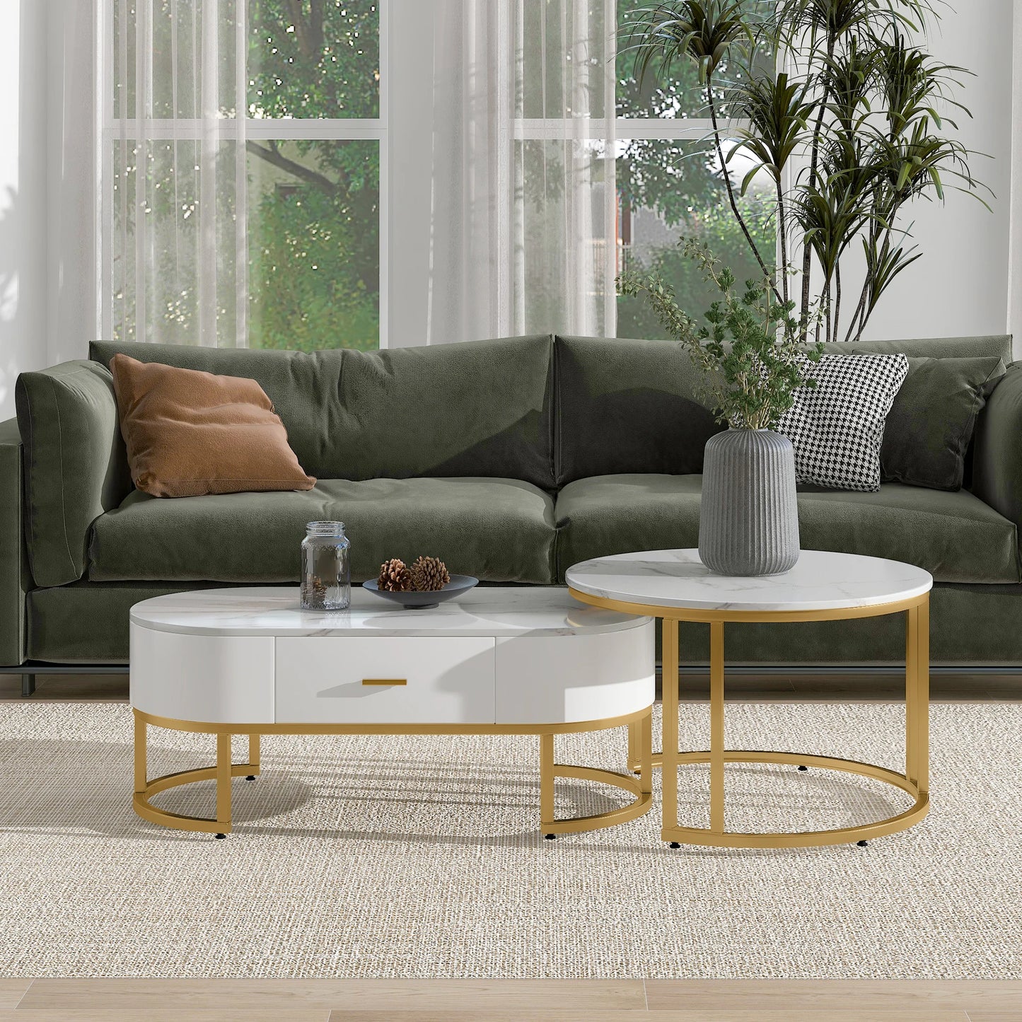 2-delige Salontafelset – Koffietafel – Bijzettafel – Woontafel – Lounge Tafel – Wit – Gouden Metalen Frame – Ruimtebesparend Ovaal Design