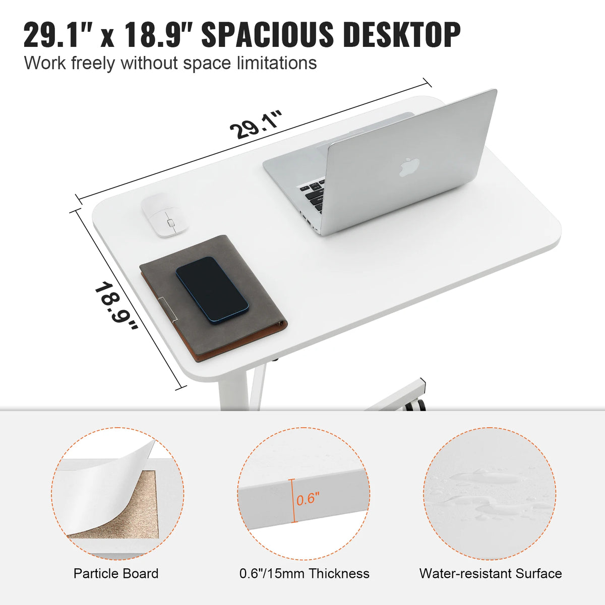 Bureautafel - Bureautafel voor Volwassenen - Bureautafel voor Computer - Computer bureau - Computer Tafel - Laptoptafel - Gaming Bureau - Gasveer - Hoogteverstelbaar - Zit-sta bureau - met wielen - Draagbaar - Rollende laptoptafel - 29.1x18.9in - Wit
