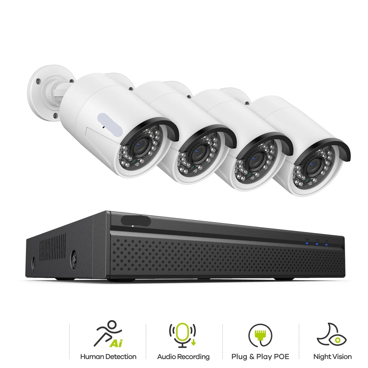 Beveiligingscamerasysteem - 3MP Camera - 8CH NVR - Menselijke - AI-detectie -  POE - Buiten - Draadloos - IP66 Waterdichte - Bewakingscamera - Beveiligingscamera -  Bedraad CCTV Systeem met Audio en Nachtzicht - 2TB Harde Schijf - 4 Stuks - Wit