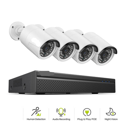 Beveiligingscamerasysteem - 3MP Camera - 8CH NVR - Menselijke - AI-detectie -  POE - Buiten - Draadloos - IP66 Waterdichte - Bewakingscamera - Beveiligingscamera -  Bedraad CCTV Systeem met Audio en Nachtzicht -  1TB Harde Schijf - 4 Stuks - Wit