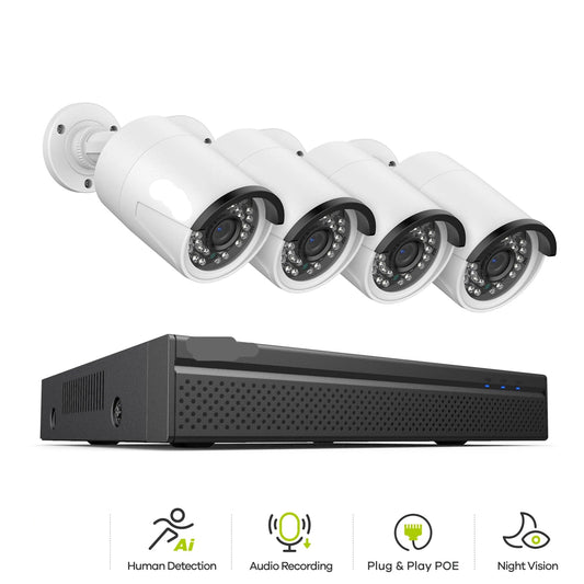 Beveiligingscamerasysteem - 3MP Camera - 8CH NVR - Menselijke - AI-detectie -  POE - Buiten - Draadloos - IP66 Waterdichte - Bewakingscamera - Beveiligingscamera -  Bedraad CCTV Systeem met Audio en Nachtzicht -  1TB Harde Schijf - 4 Stuks - Wit