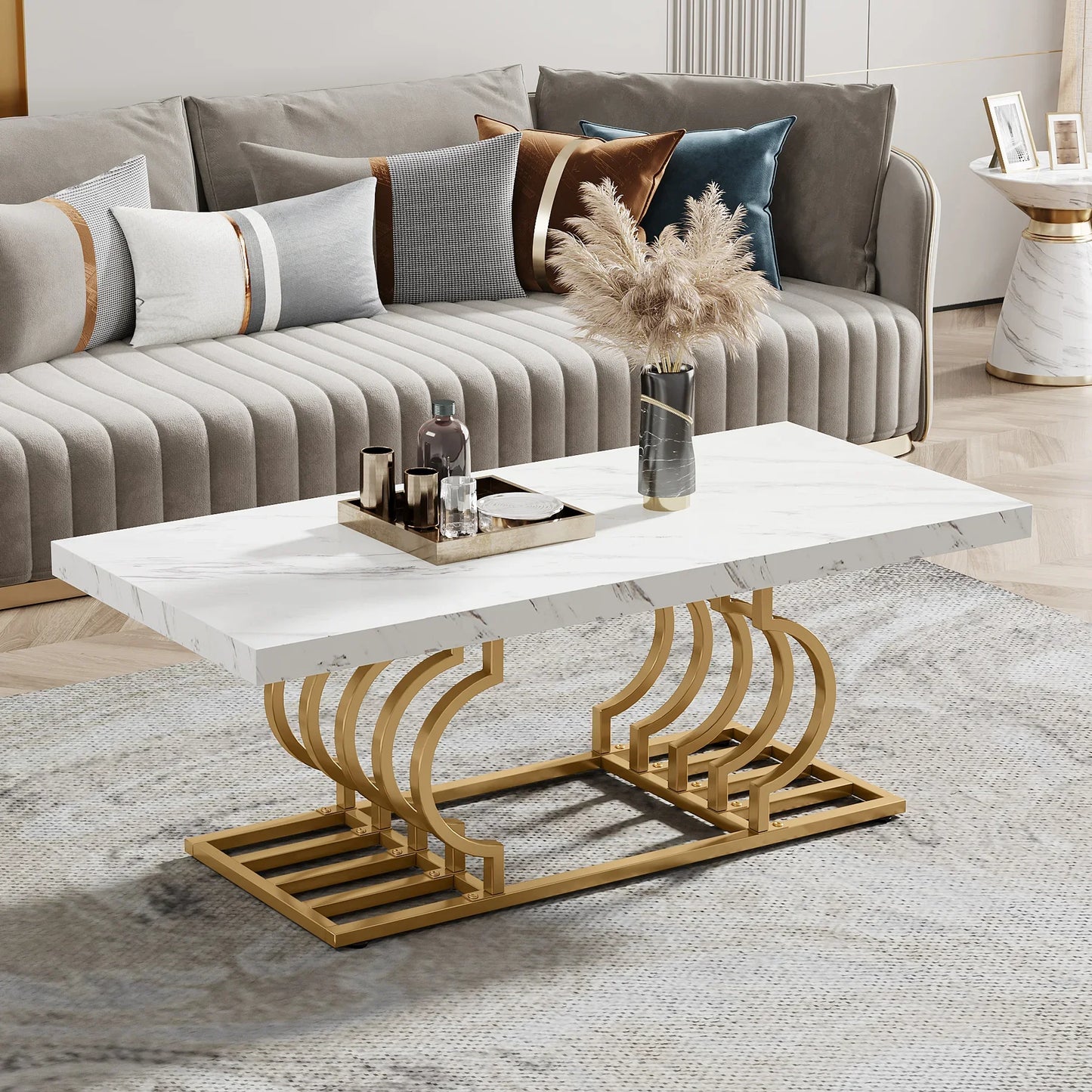 Salontafel – Koffietafel – Bijzettafel – Woonkamertafel – Tafel – Marmerlook Tafelblad – Geometrisch Metalen Frame – 120x60 cm – Lichtgewicht Design - QUORE