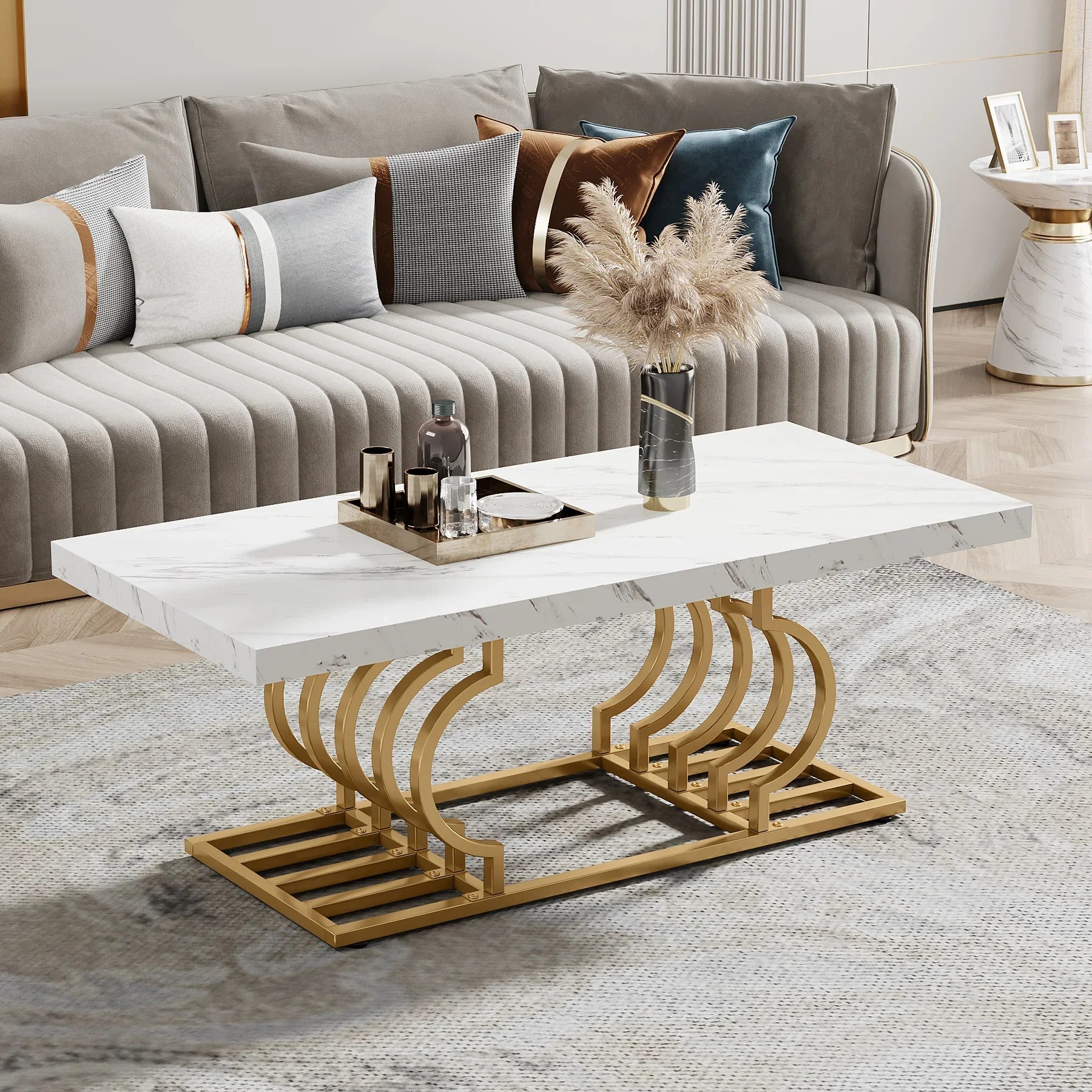 Salontafel – Koffietafel – Bijzettafel – Woonkamertafel – Tafel – Marmerlook Tafelblad – Geometrisch Metalen Frame – 120x60 cm – Lichtgewicht Design - QUORE