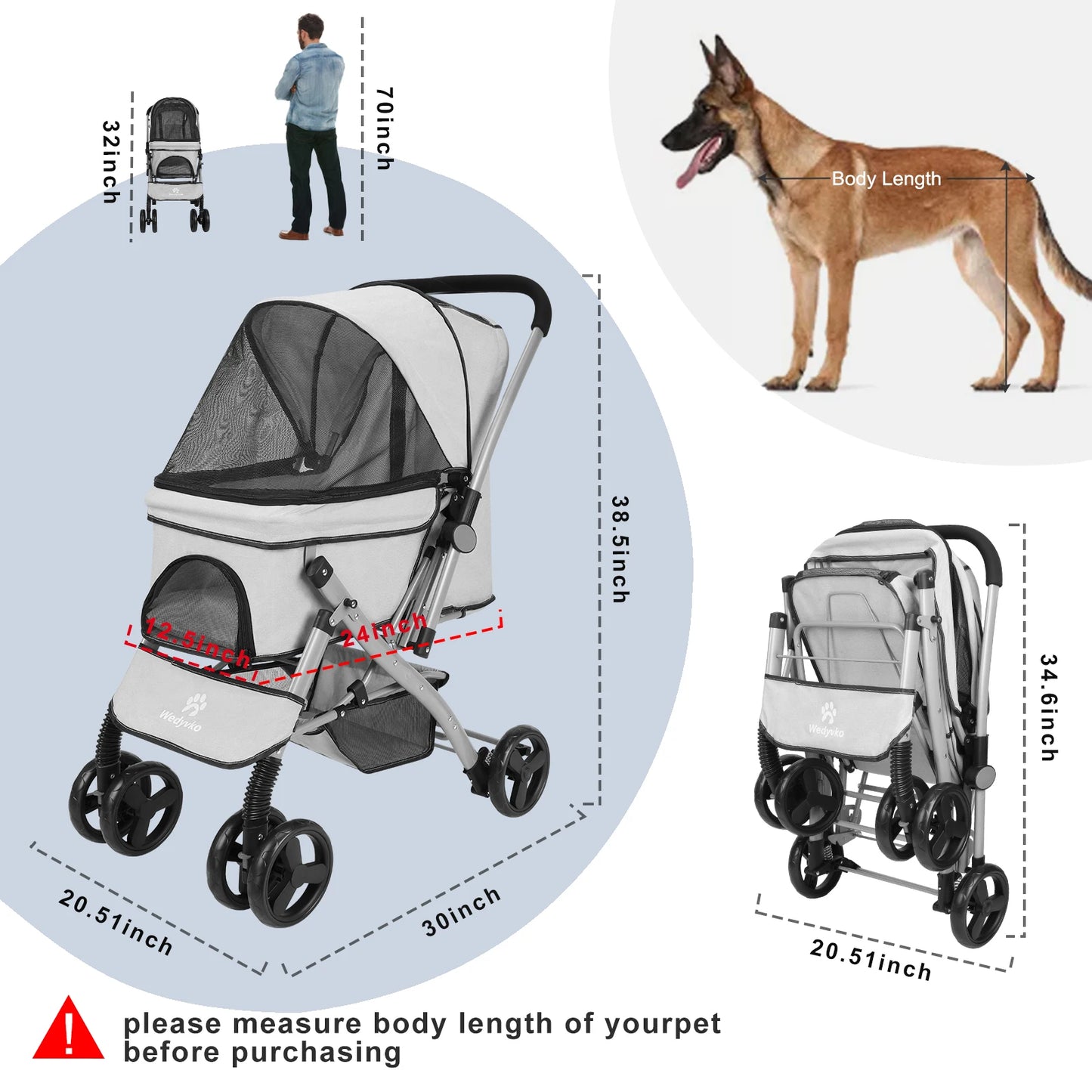 Hondenbuggy - Hondenkar - Kattenbuggy - Opvouwbare - Huisdierenbuggy - met Roterende Wielen en Rem – Tot 36 kg – Opvouwbaar met Opbergmand voor Kleine en Middelgrote Honden - Grijs