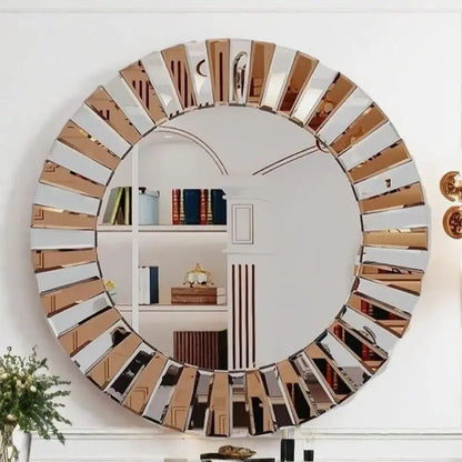 Ronde Stervormige Wandspiegel – Decoratieve Spiegel – Muurspiegel – Design Spiegel – 80 cm – Hoogwaardig Glas & MDF – Warm Tawny Houten Frame