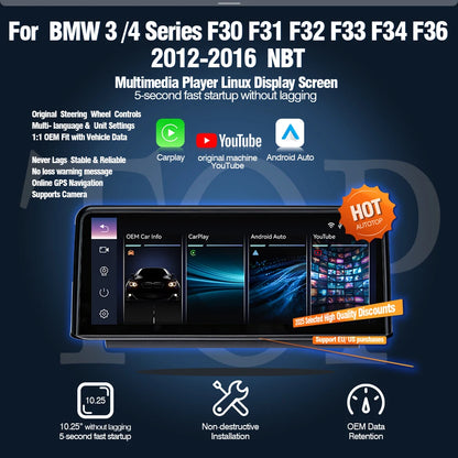 AUTOTOP Wireless CarPlay YouTube 10.25" Linux Screen For BMW 3/4Series F30 F31 F32 F33 F34 F36 Car Multimedia BT GPS Navigation