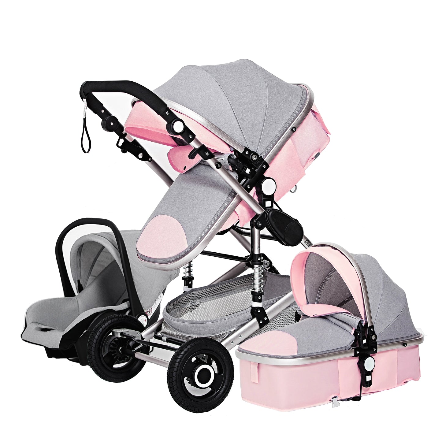 Kinderwagen - Buggy - Baby Kinderwagen 3 in 1 - Luxe Draagbare Reiswieg met Aluminium Frame - Opvouwbare Wandelwagen - Hoog Landschap Babywagen - Roze-Grijs