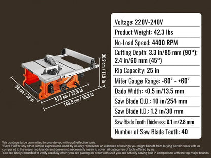 Tafelzaag – Cirkelzaag – Houtzaag – Zaagmachine – 1800W Motor – 254 Mm Zaagblad – Instelbare Zaagbladhoek - QUORE