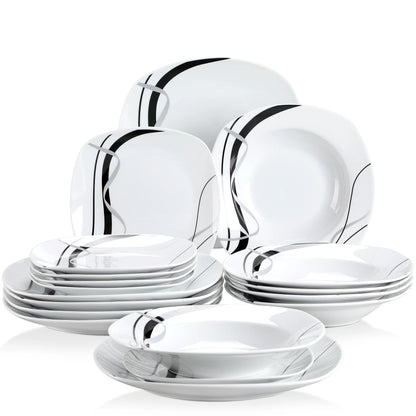 Serviesset - Servies – Dinerborden - Ronde Borden - Zwarte Lijn - 18-Delige – Soepborden - Dessertborden – Voor Keuken - Eettafel