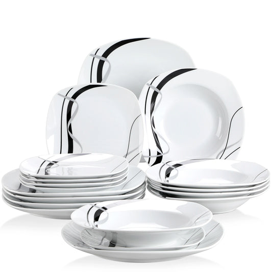 Serviesset - Servies – Dinerborden - Ronde Borden - Zwarte Lijn - 18-Delige – Soepborden - Dessertborden – Voor Keuken - Eettafel