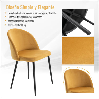 Eetkamerstoelen – Velvet Stoelen – Comfortabele Stoelen – Bistro Stoelen – Metalen Poten – Foamvulling – Compact 49 x 50 x 77 cm - Geel