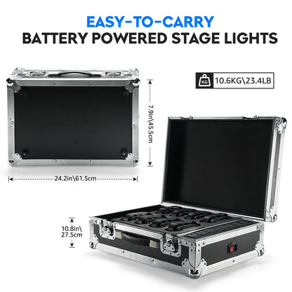 Mini LED PAR Lampen Set – Draadloze LED Stage Verlichting – Oplaadbare DJ Lampen – RGBWA UV Licht – 8 Stuks Met Flightcase – 10 Uur Batterijduur – Compact En Robuust Design