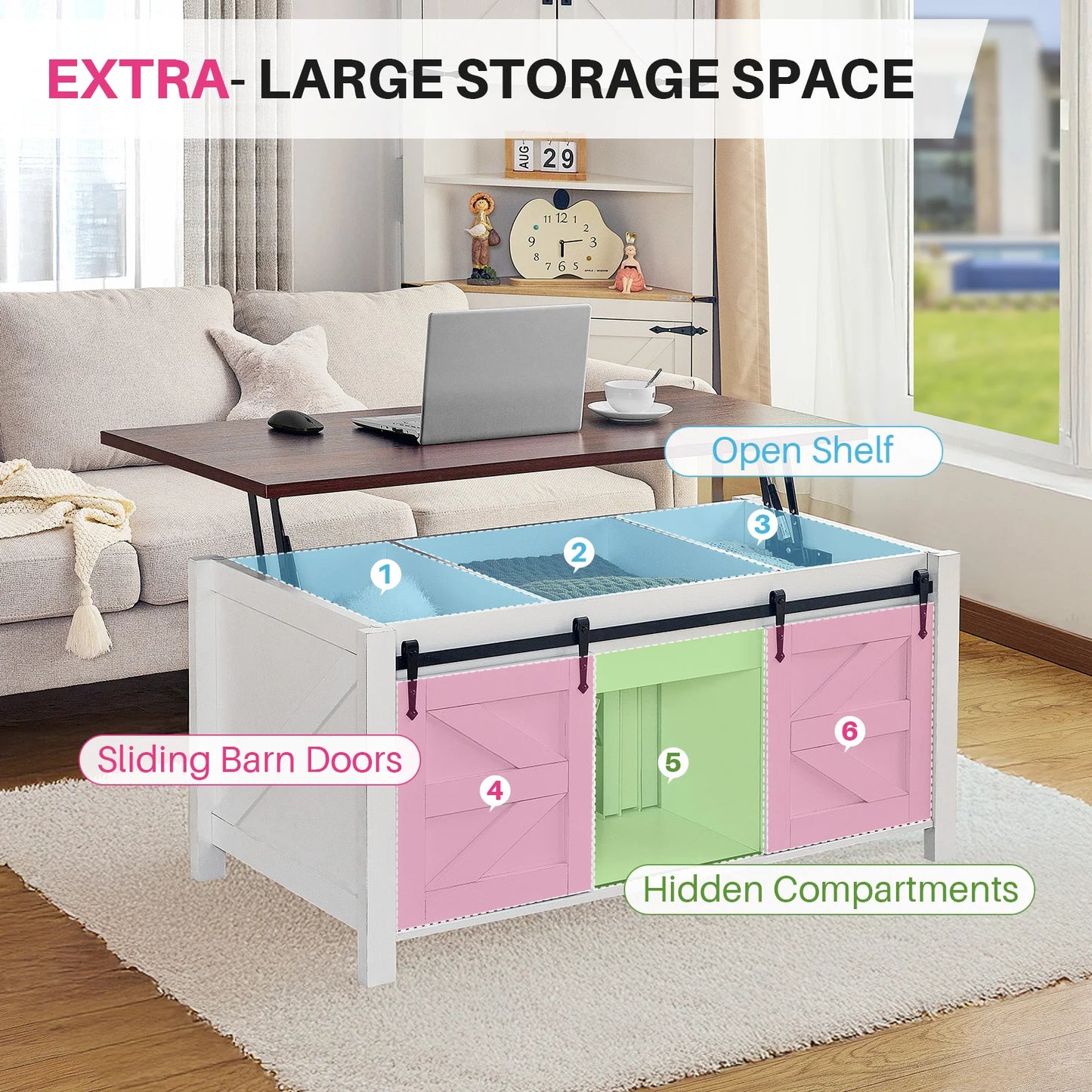 Salontafel – Salontafeltje – Tafel – Woonkamertafel – Lift-Top – Grote Verborgen Opbergruimte – Massief Houten Constructie - 117 x 53 x 55 cm - Rustiek Bruin