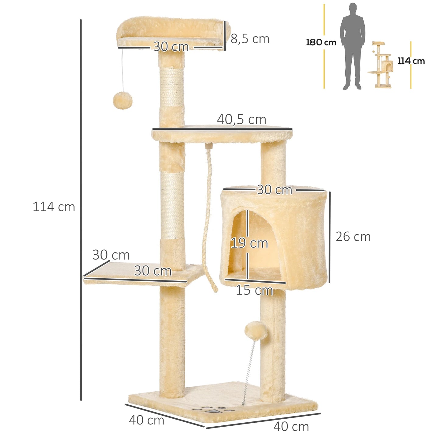 Kattenkrabpaal - Krabpaal - met Huisje - Meerdere Niveaus - Platforms en Speelballen - 114 cm Hoog - Stevig en Duurzaam - Beige - QUORE