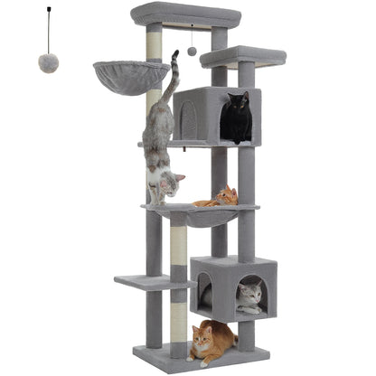 Kattenboom - Kitten Krabpaal - Sisal Krabpalen - Krabpaal - Katten Klimmuur - Krabplanken - Arbre a Chat - Hangmat & Speeltjes - Meerdere Verdiepingen - met Pluche Kattenhuisjes - 175cm - Grijs