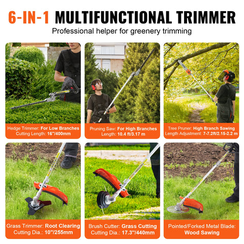 VEVOR 43CC 6-in-1 Multi-Functional Trimming Tools/Gas Hedge Trimmer/Weed Eater/Brush Cutter/Pole Saw Pruner with Extension Pole