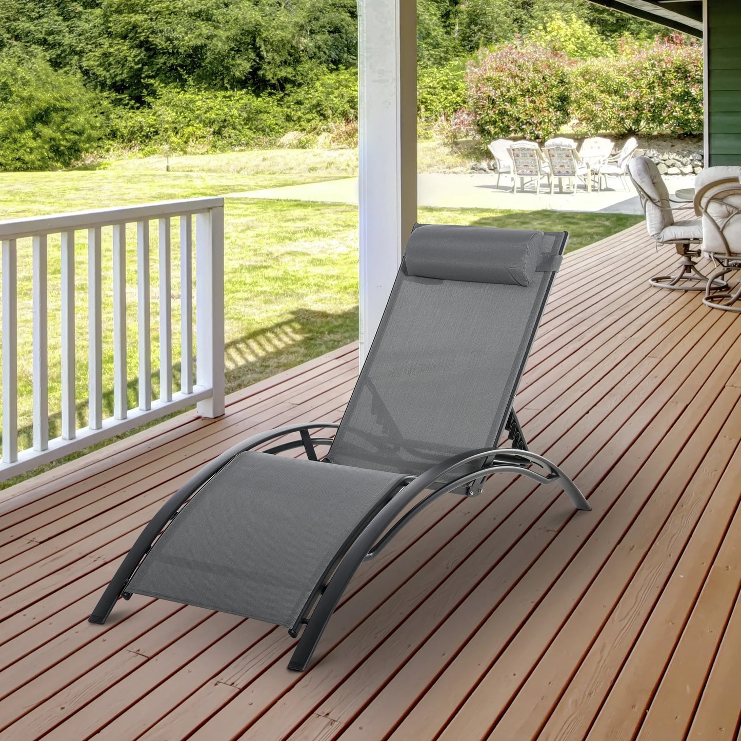 Verstelbare Lounger met Rugleuning en Afneembare Hoofdkussen - Tuinstoel voor Terras, Balkon en Zwembad - Grijze Aluminium Stoel - QUORE