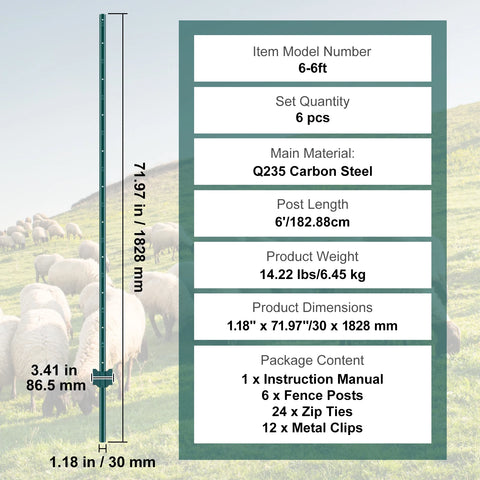 Fence Posts - Pole - Pasture Post - Pasture Fence - Forest Fence - Forest Fence - Garden Fence - Heavy Duty Metal - 6 Inch - for for Garden Garden Lawn Farms &amp; Outdoors Wire Fence - Pack of 6