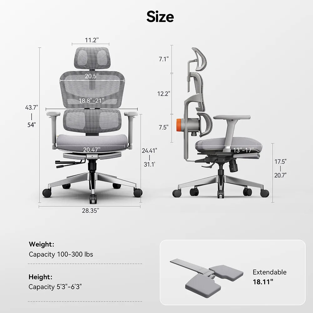 Ergonomische Bureaustoel - Gaming Stoel - Stoelen - Bureaustoelen - met Verstelbare Rugleuning - Armleuningen - Voetsteun & Hoofdsteun - Lendensteun Automatisch - Kantelbare Rug - Voor Thuiswerk & Kantoor - Grijs