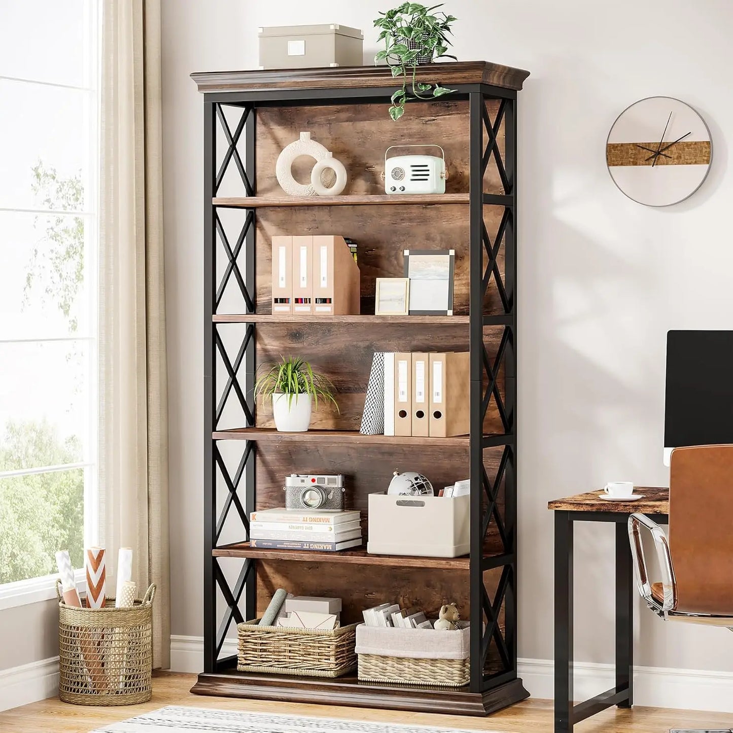 Boekenkast – Boekrek – Wandkast – Opbergkast – Industrieel Design – Stalen Frame – Waterbestendige MDF Planken - 80 x 30 x 180 cm - Bruin
