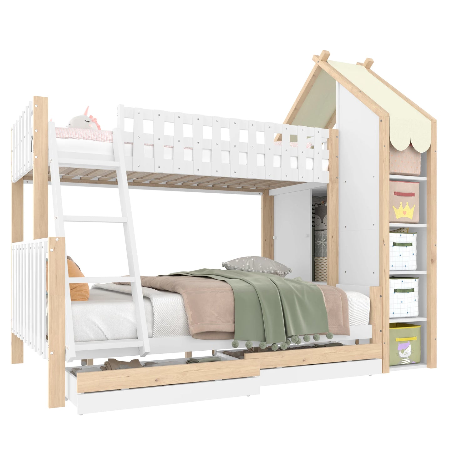 Stapelbed – Hoogslaper – Bedbank – Kinderbed – Twijfelaar – 90x200 cm – Ingebouwd Bureau en Nachtkastje Met Stopcontact & USB – 2 Laden Zonder Matras