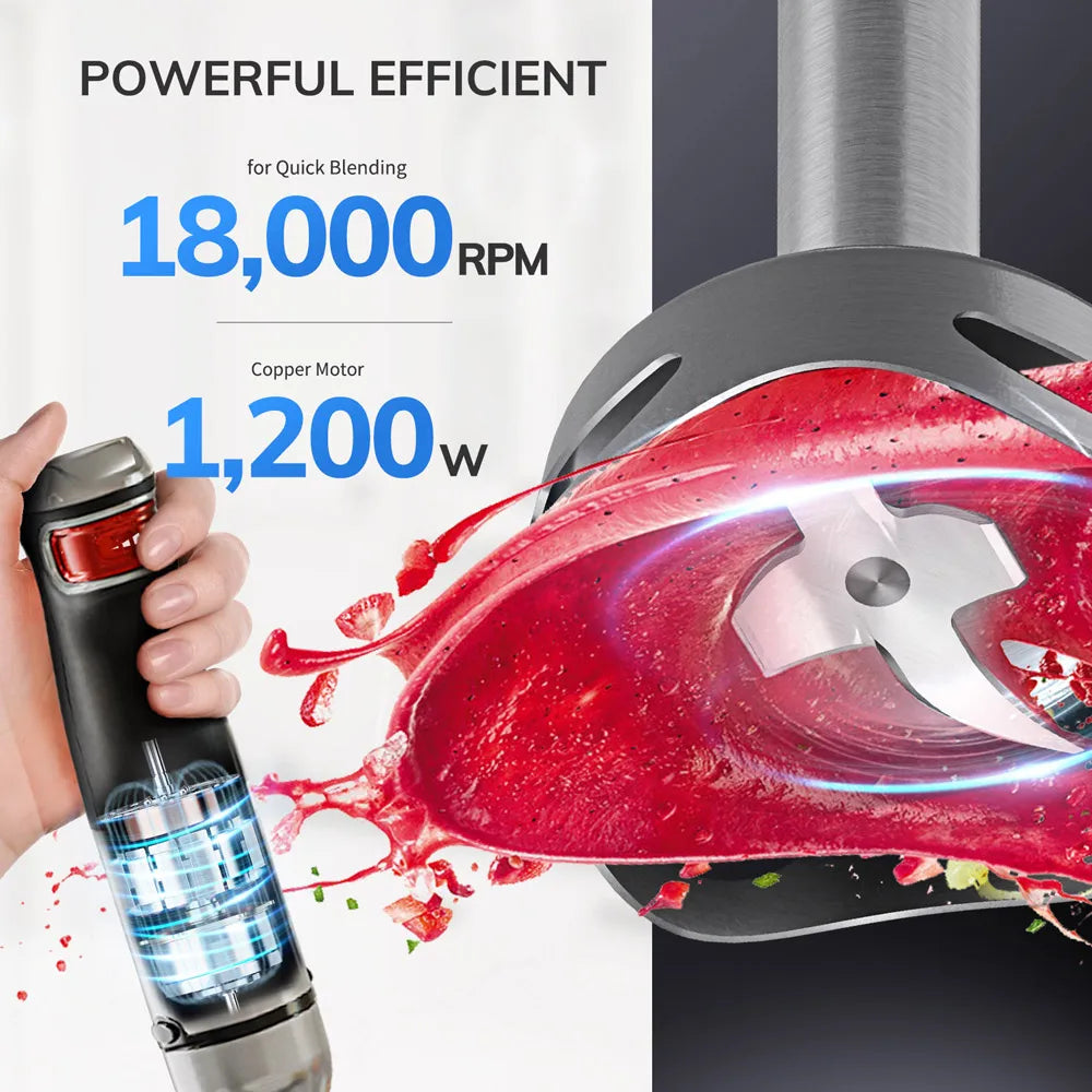 Staafmixer - 6-in-1 - 1200W - Handblender - Elektrisch - Roestvrijstalen Messen - Opzetstukken voor Kloppen - Hakken en Pureren - Foodprocessor - 18,000RPM - Zwart - QUORE
