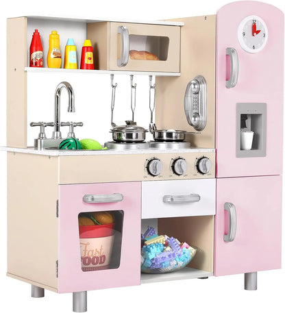 Speelkeuken - Speelgoedkeuken - Keukenset - met Casten - RVS Pot - Keukengerei - voor 3-6 jaar - Peuters - Solide Structuur - Oneindige Verbeelding - Educatieve Waarde - Leuke Interactie - Hout - 74 x 29 x 81.5 cm - Roze