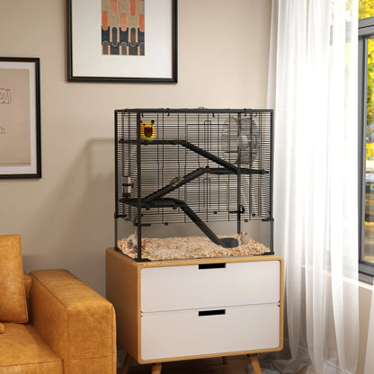 Dwerg Hamsterkooi – Knaagdierkooi – Hamsterkooi – Kleine Dierkooi – Rodent Cage – Zwart – 4 Verdiepingen – Gehard Glazen Bodem - QUORE