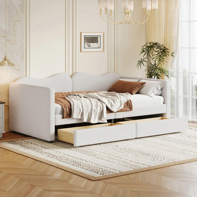 Kinderbed - Slaapbank met 2-laden - Teddybeerbedframe - Multifunctioneel Zacht -  Bed Met Rugleuning en Armleuningen -  90*200 cm -Wi t- (Ween matras)