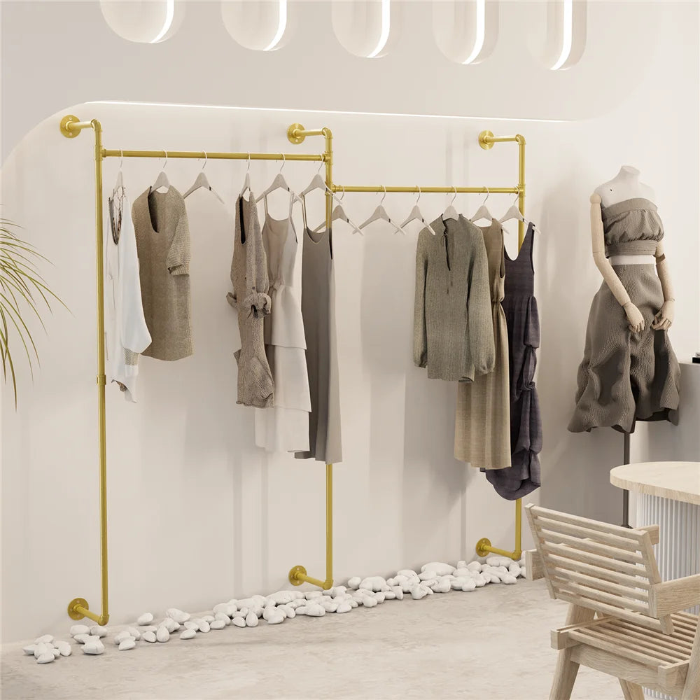 Kledingrek - Kledingroede - Kledingrek metaal - Wandgemonteerd - Industrieel Pijp Kledingrek - 205x190cm/ 80.7x74.8 inch - Goud - QUORE