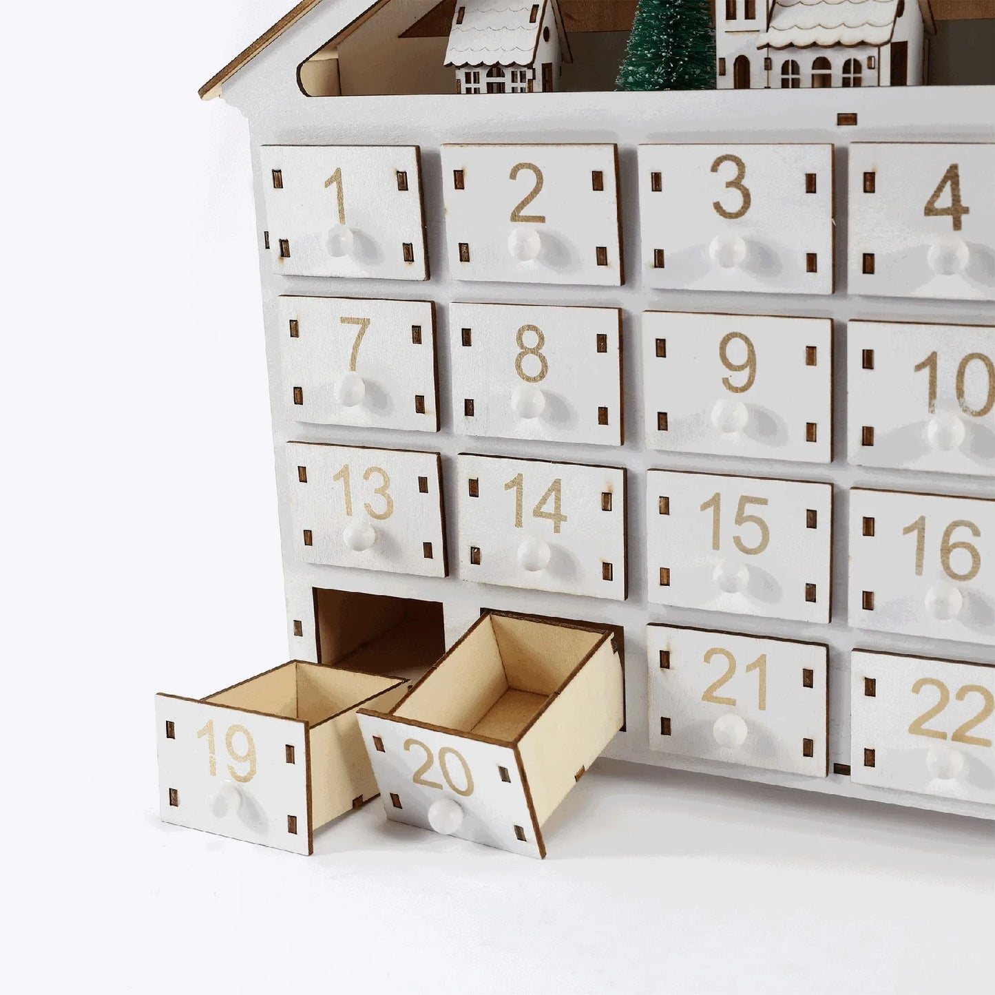 Advent Calendar - Wooden Christmas Advent Calendar House - LED Lights - 24 Days Countdown - Organization Figures Room Decoration - Toys - Playset
