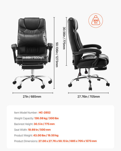 Bureaustoel – Office Chair – Ergonomische Stoel – Kantoorstoel – Desk Chair – Verstelbare Rugleuning tot 135° – Hoogwaardig PU Leer & Metalen Onderstel tot 136 kg