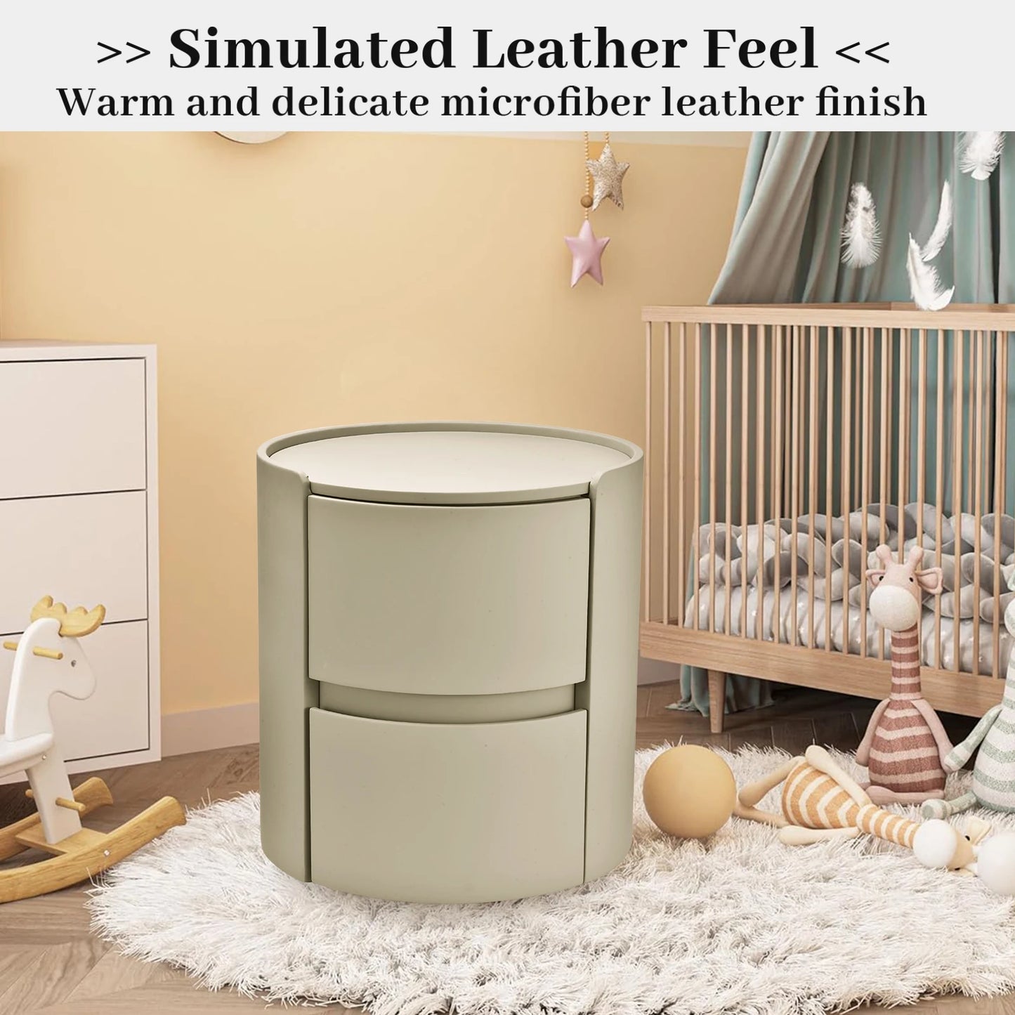 Ronde Nachtkastje – Bijzettafeltje – Bedkastje – Opbergkastje – Ladeblok – Grijs – Modern Houten Frame – Zadel-Leerlook Blad