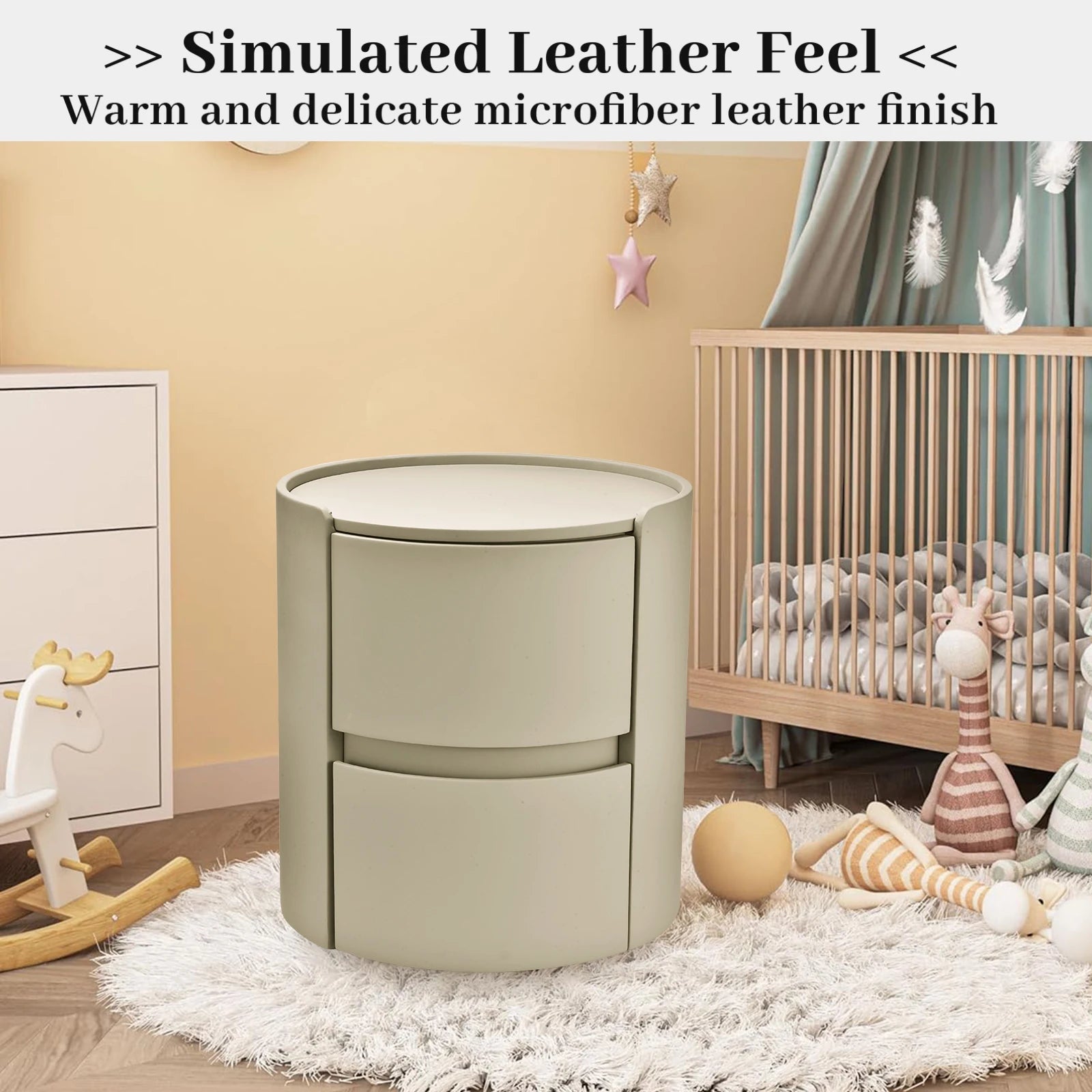 Rond Nachtkastje – Nachtkast, Bedside Table, Opbergkastje, Ladekast – Khaki – Massief Hout & Zadelleer – Compact Model 45x50 cm – 2 Laden Opbergruimte - QUORE