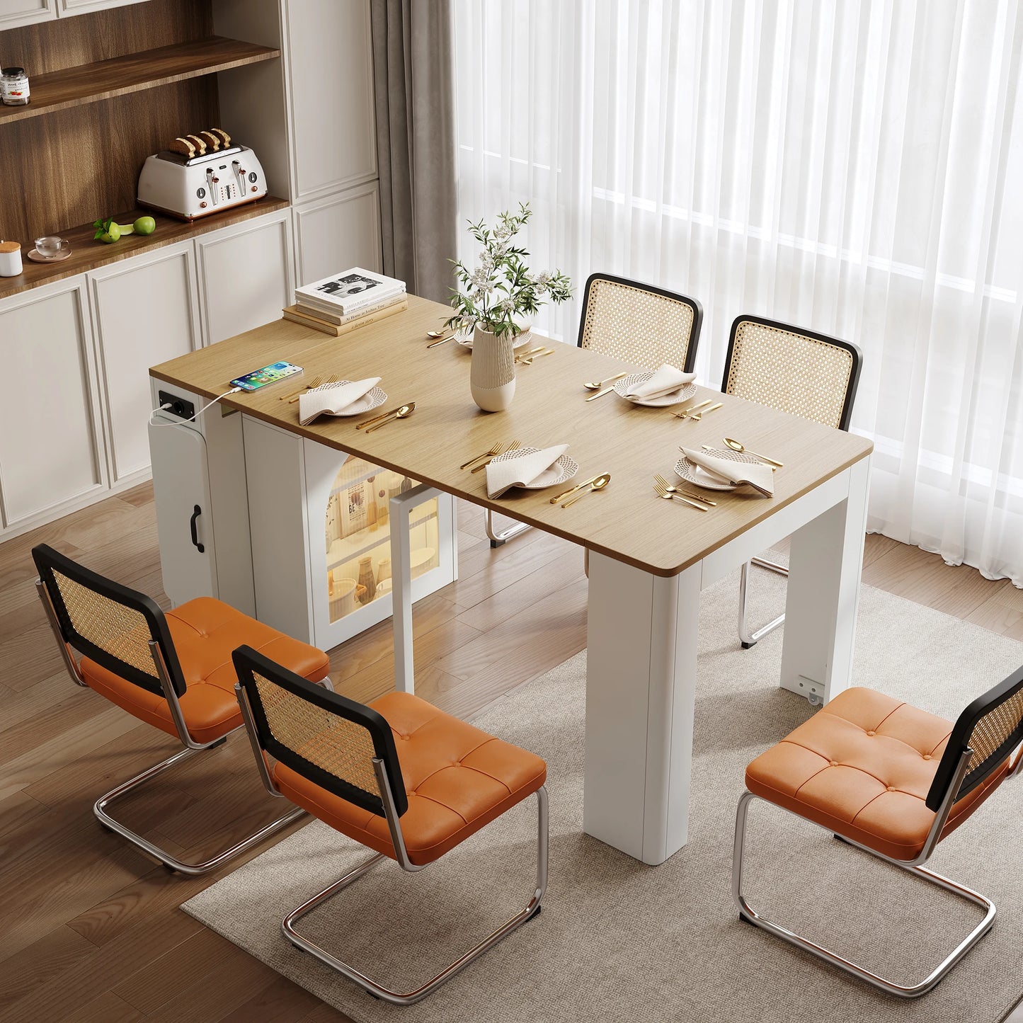 Kitchen island with wheels, extendable dining table with removable tabletop, bar table with power strips, serves kitchen island