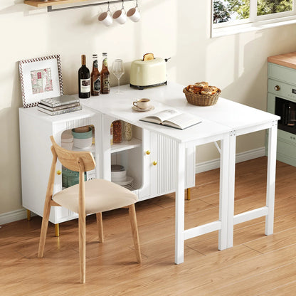 White Buffet Sideboard With Foldable And Pull-Out Table Top, Rotatable Surface, Glass Sliding Doors For Dining Room And Kitchen