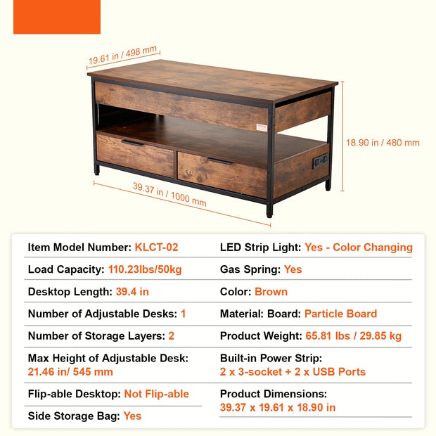 Koffietafel - Table - Coffe table - Living Room Table - Lift Top salontafel - tafel met extra opbergruimte - omklapbare salontafel voor de woonkamer - 39.4in - Bruin - 65.81lbs