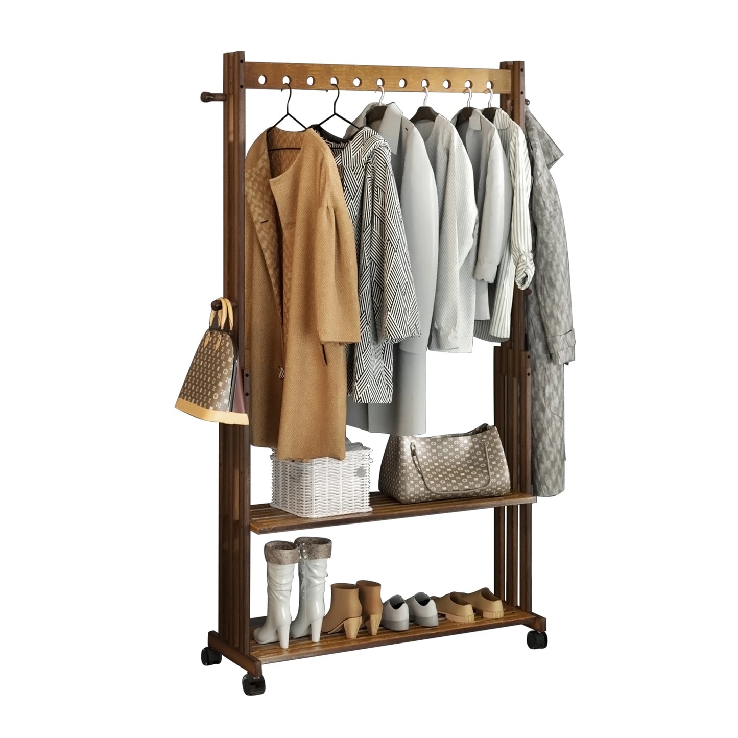 Bamboe Kledingrek - Kledingstandaard - Met-Wielen-Plank-Coatstand - Schoenenrek - Hout - Walnootkleur