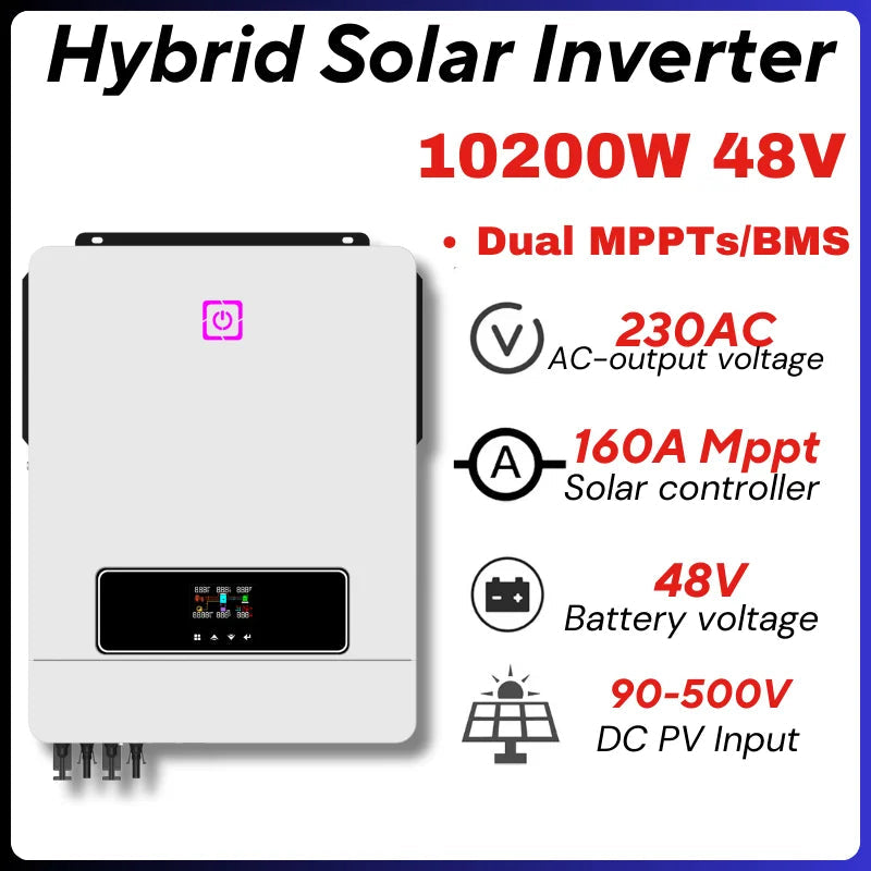 Hybride Zonne-Energie Omvormer – Zonne-Omvormer – Solar Inverter – Netgekoppelde Omvormer – Off-Grid Omvormer – 10,2 KW – Dual Mppt & 160A Laadregelaar – WiFi Monitoring