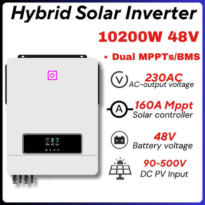 Hybride Zonne-Energie Omvormer – Zonne-Omvormer – Solar Inverter – Netgekoppelde Omvormer – Off-Grid Omvormer – 10,2 KW – Dual Mppt & 160A Laadregelaar – WiFi Monitoring