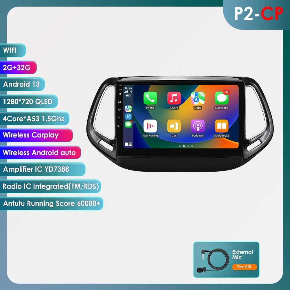 Hizpo Car Android 14 for Jeep Compass 2017 -2020 Auto Radio Multimedia Player GPS Navigation Carplay Stereo 4G BT No 2din DVD AI - QUORE