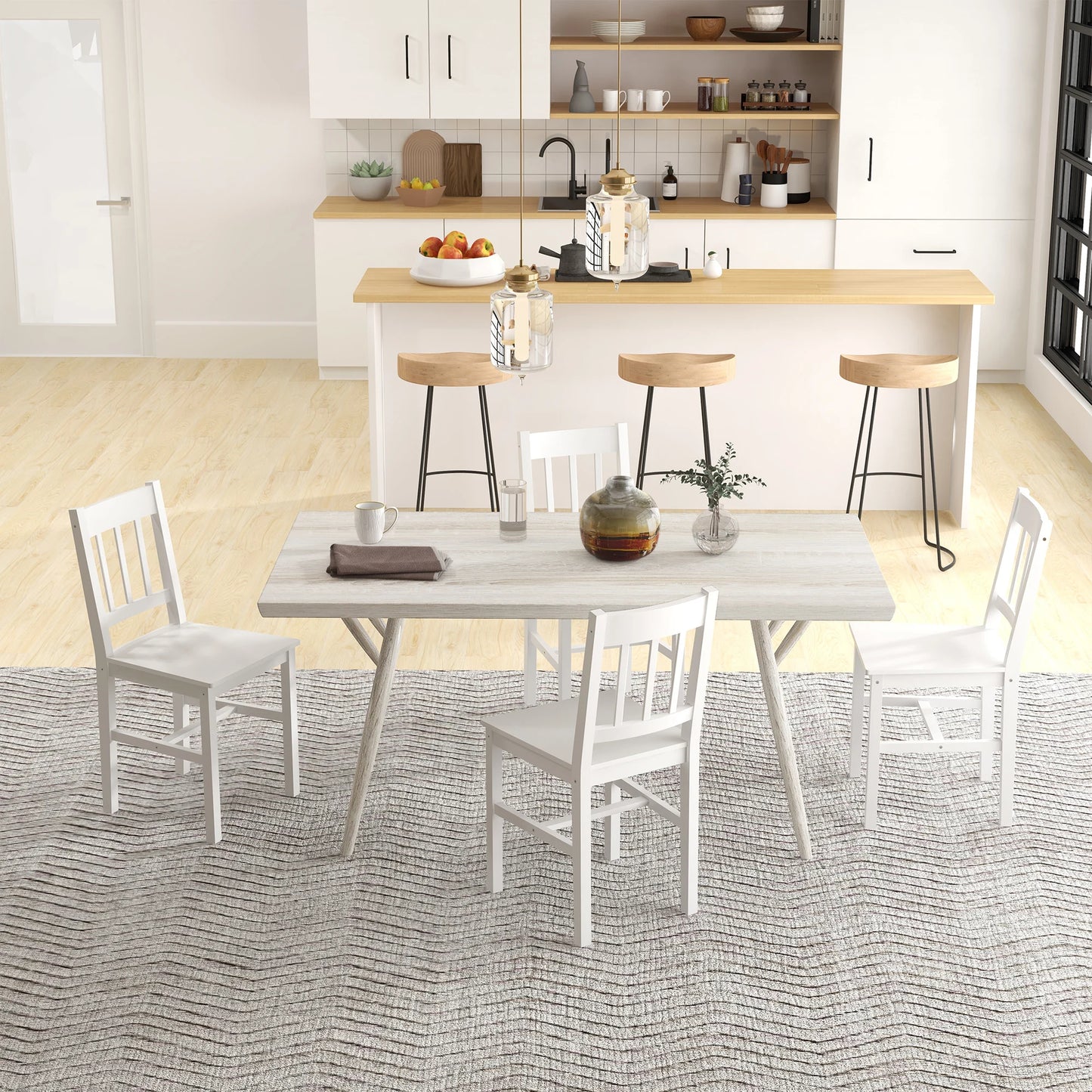 Eetkamerstoelen – Houten Stoelen – Keukenstoelen – Set Van 4 – Grenenhout – Comfortabele Rugleuning – Witte Afwerking