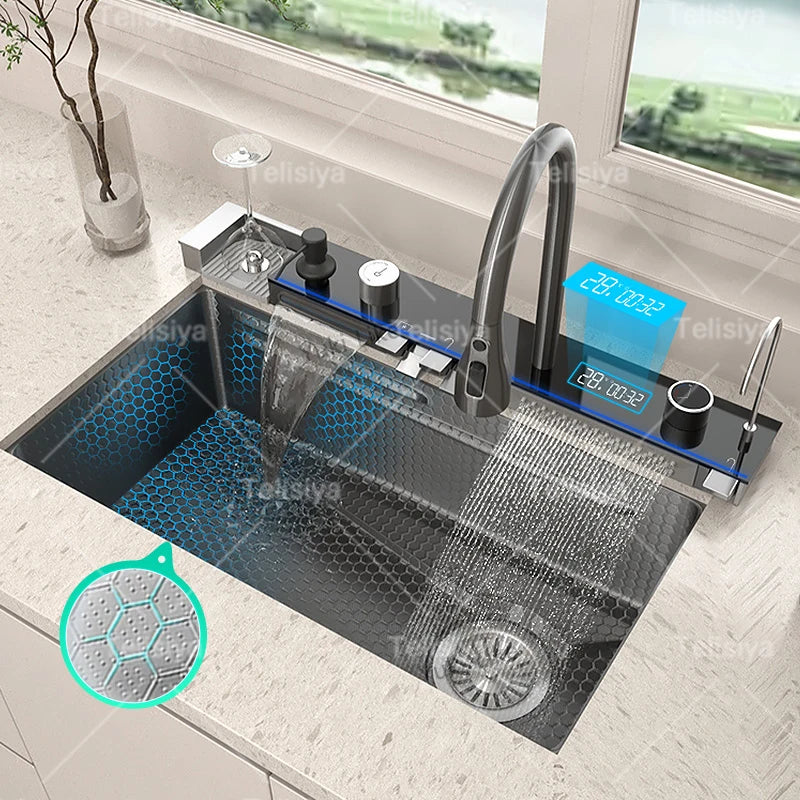 Stainless Steel Kitchen Sink With Waterfall Single Bowl Digital Display Extra Large Slot Multifunctional Washing Sinks